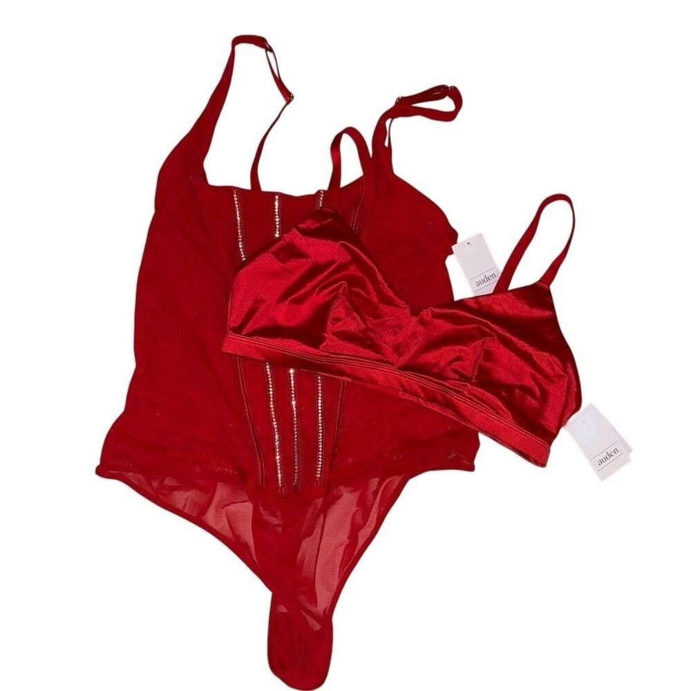 Auden‎ BUNDLE Women's Red Satin Triangle Bralette and Bodysuit Lingerie Size L